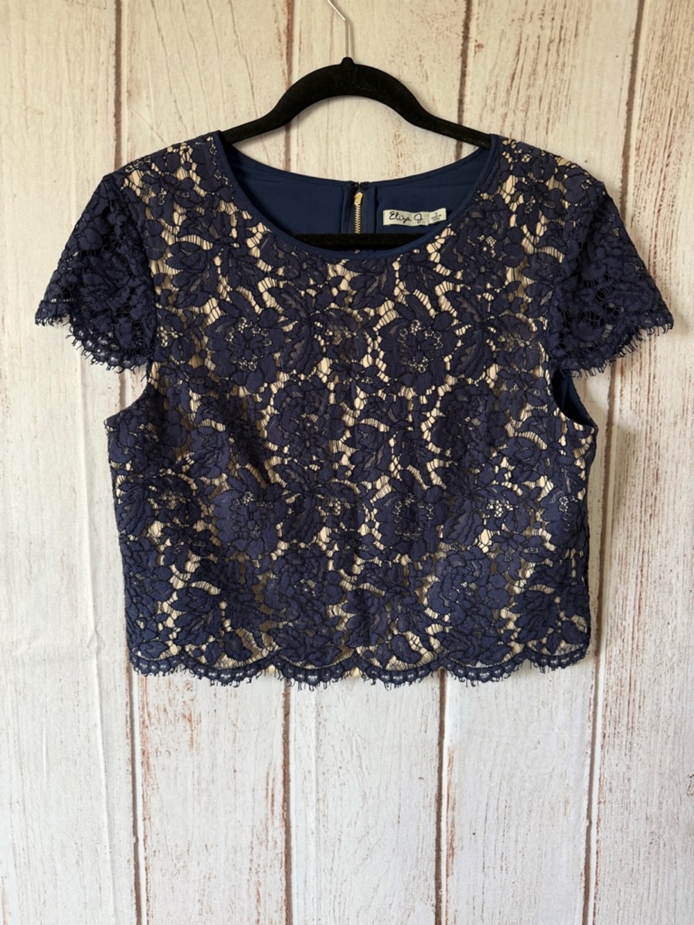Eliza J Navy Floral Lace Crop Top with Exposed Back Zipper Size 10